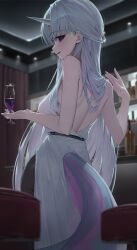 1girl ayatsuno_yuni backless_dress backless_outfit black_pantyhose cup dress drinking_glass from_behind grey_hair highres holding holding_cup horns huhi_(huhi_1211) indoors long_hair looking_at_viewer looking_back pantyhose parted_lips single_horn sleeveless sleeveless_dress smile solo standing stellive tail unicorn_horn virtual_youtuber white_dress wine_glass