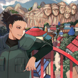 1boy absurdres against_railing black_hair cigarette day earrings green_sweater green_vest highres jewelry kani_nyan konohagakure nara_shikamaru naruto_(series) naruto_shippuuden outdoors ponytail railing scenery solo stud_earrings sweater vest