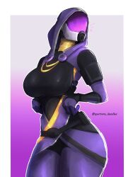 1girl black_bodysuit bodysuit border breasts cleavage commentary cowboy_shot english_commentary facing_to_the_side fewer_digits gloves helmet highres hood hood_up large_breasts mass_effect_(series) mass_effect_3 notice_lines outside_border pantyhose purple_background purple_gloves purple_pantyhose quarian solo spartans_doodles tali&#039;zorah twitter_username white_border