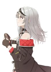 1girl arm_belt black_collar black_gloves black_hair black_jacket black_mask braid breasts camisole closed_mouth collar commentary cowboy_shot earclip earrings fingerless_gloves frilled_camisole frills from_side gloves grey_hair hair_ornament heart heart_o-ring highres holding holding_mask hololive jacket jewelry mask medium_breasts medium_hair multicolored_hair nail_polish o-ring off-shoulder_jacket off_shoulder padded_jacket profile red_eyes red_nails roridaitouryou sakamata_chloe sakamata_chloe_(1st_costume) side_braid simple_background single_braid smile solo standing streaked_hair two-sided_fabric two-sided_jacket two-tone_hair unworn_mask virtual_graduation_commemoration virtual_youtuber white_background white_camisole x_hair_ornament