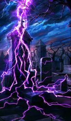 bare_tree blue_sky cloud cloudy_sky commentary cross fate/grand_order fate_(series) graveyard lasengle latin_cross lightning night no_humans official_art outdoors purple_lightning purple_theme sky third-party_source tombstone tree