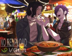 black_hair blonde_hair contemporary dimitri_alexandre_blaiddyd eating felix_hugo_fraldarius fire_emblem fire_emblem:_three_houses fire_emblem_warriors:_three_hopes food highres jacket leather leather_jacket male_focus male_shez_(fire_emblem) meansary nintendo purple_hair rodrigue_achille_fraldarius sweater