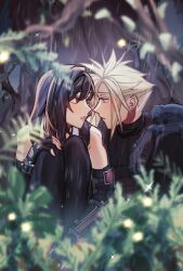 Rule 34 | 1boy, 1girl, armor, bare shoulders, black gloves, black hair, black thighhighs, blue eyes, blurry, blurry background, blurry foreground, blush, bracelet, cloud strife, commentary, couple, earrings, elbow gloves, english commentary, eye contact, final fantasy, final fantasy vii, final fantasy vii rebirth, final fantasy vii remake, fingerless gloves, gloves, highres, jewelry, knees up, leaf, long hair, looking at another, looking to the side, materia, outdoors, parted lips, rain, red eyes, seilidare, short hair, shoulder armor, single arm guard, sitting, sleeveless, sleeveless turtleneck, sparkle, spiked hair, stud earrings, sweater, tank top, thighhighs, tifa lockhart, tree, turtleneck, turtleneck sweater, under tree, white tank top