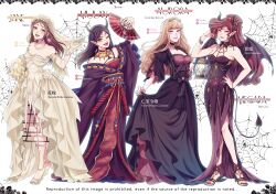 4girls absurdres alternate_costume aurora_(disney) black_hair brown_eyes dress fa_mulan_(disney) full_body gown halloween halloween_costume hand_fan hercules_(1997_movie) highres jane_porter jewelry long_hair looking_at_viewer makeup megara_(disney) mizala mulan_(movie) multiple_girls short_hair simple_background sleeping_beauty_(disney) smile tail tarzan_(disney_movie)