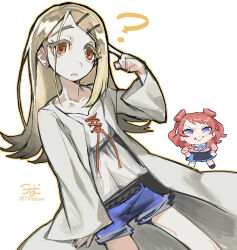2girls ? blonde_hair blue_eyes blue_shorts camisole chibi closed_mouth colored_eyelashes finger_to_head flipped_hair gakuen_idolmaster hair_ornament hairclip hanami_saki hands_on_own_hips idolmaster long_hair long_sleeves looking_at_viewer mini_person minigirl multiple_girls orange_eyes outline red_hair shinosawa_hiro shorts simple_background smile standing white_background white_camisole yuuo_(tmdaxx)