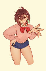 Rule 34 | 1girl, ayase momo, breasts, brown hair, dandadan, earrings, hand on own hip, jewelry, large breasts, long sleeves, looking at viewer, microskirt, oxcoxa, school uniform, short hair, skirt, sweater