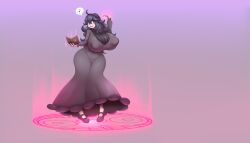 1girl absurdres black_dress black_footwear breasts covered_erect_nipples dress full_body hex_maniac_(pokemon) highres huge_breasts magic_circle metachoke nintendo nude pokemon pokemon_xy purple_background purple_eyes purple_hair simple_background smile solo standing