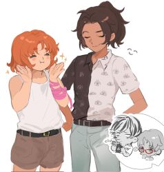 2boys 2girls ? alternate_costume arms_up bandaged_arm bandages baxter_ward belt black_hair black_shirt blush brown_hair cargo_shorts chibi chibi_inset closed_eyes cove_holden cowboy_shot curtained_hair glasses hands_on_headwear happy high_ponytail highres holding holding_phone in-franchise_crossover looking_at_another multicolored_hair multicolored_shirt multiple_boys multiple_girls orange_hair our_life:_beginnings_and_always our_life:_now_and_forever phone ponytail qiu_lin_(our_life) shirt short_hair shorts smug sparkle spoken_question_mark taking_picture tamarack_baumann tank_top white_hair white_shirt white_tank_top xrsjbz