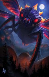 antennae battra blank_eyes bug butterfly_wings chipyray crossover egg fangs fusion godzilla_(series) godzilla_vs._mothra highres hive horns insect_wings kaiju kevin_chapman monster_hunter_(series) monster_hunter_4 moon no_humans open_mouth red_eyes seltas_queen size_difference toho wings