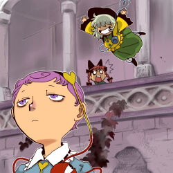 Rule 34 | 3girls, animal ears, bags under eyes, black hat, black shoes, blue shirt, braid, cat ears, cat girl, chireiden, closed mouth, column, commentary request, expressionless, frilled shirt collar, frills, green skirt, hair ornament, hair over eyes, hat, heart, heart hair ornament, heart of string, kaenbyou rin, komeiji koishi, komeiji satori, leaf, long hair, looking at another, multiple girls, o o, onikobe rin, open mouth, pillar, purple eyes, purple hair, red hair, ribbon-trimmed collar, ribbon trim, shirt, shoes, short hair, siblings, sisters, skirt, smile, surprised, third eye, touhou, twin braids, upper body, very short hair, yellow shirt