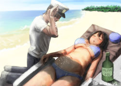 1boy 1girl =_= admiral_(kancolle) beach bikini bottle breasts chair day closed_eyes hat unworn_hat unworn_headwear kantai_collection large_breasts meme misumi_(niku-kyu) navel ocean parody plump salt salt_bae_(meme) sleeping stomach sunbathing sunlight swimsuit takao_(kancolle)