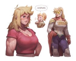 1girl absurdres age_difference aged_down blonde_hair blue_eyes bodysuit boku_no_hero_academia breasts cape child cleavage_cutout clothing_cutout female_focus genderswap genderswap_(mtf) highres large_breasts long_hair mask muscular muscular_arms muscular_female muscular_legs ponytail rayluaza red_cape shirt solo superhero_costume sweater thick_thighs thighs togata_mirio visor visor_(armor)