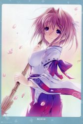 Rule 34 | 1girl, absurdres, ass, breasts, broom, brown hair, cherry blossoms, female focus, hair intakes, hakama, hakama skirt, highres, ichinose mio (koi ga saku koro sakura doki), japanese clothes, kimono, koi ga saku koro sakura doki, miko, purple eyes, red hakama, senomoto hisashi, sideboob, skirt, smile, solo