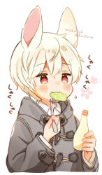 Rule 34 | 1boy, animal ears, blush, chewing, coat, collared shirt, commentary request, cropped torso, dated, dot nose, double-parted bangs, far tarooo, food in mouth, fork, grey coat, hair between eyes, highres, holding, holding fork, holding utensil, jitome, layered sleeves, lettuce, long sleeves, male focus, mayonnaise, mayonnaise bottle, original, rabbit boy, rabbit ears, red eyes, shirt, short hair, solo, translation request, twitter username, utensil, white background, white hair, white shirt, wing collar