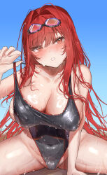 1girl absurdres beach black_one-piece_swimsuit blue_sky blush breasts cleavage commentary covered_erect_nipples covered_navel girl_on_top goddess_of_victory:_nikke goggles goggles_on_head highres iwazaki large_breasts long_hair ocean official_alternate_costume one-piece_swimsuit open_mouth outdoors rapi_(classic_vacation)_(nikke) rapi_(nikke) rapi_(red_hood)_(nikke) red_eyes red_hair sky solo swimsuit very_long_hair wet