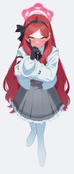 1girl absurdres acaa blue_archive blush closed_mouth full_body gloves hairband halo highres jacket long_hair long_sleeves looking_at_viewer pantyhose red_hair simple_background skirt smile solo takane_(blue_archive) white_background white_pantyhose yellow_eyes