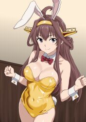 1girl absurdres ahoge alternate_costume animal_ear_hairband animal_ears bare_legs bone_namu(namu49850) bow bowtie breasts brown_hair cleavage covered_navel detached_collar double_bun fake_animal_ears hair_bun hairband headgear highres kantai_collection kongou_(kancolle) kongou_kai_ni_(kancolle) large_breasts leotard long_hair looking_at_viewer playboy_bunny purple_eyes rabbit_ears rabbit_tail red_bow red_bowtie smile solo strapless strapless_leotard tail w_arms wrist_cuffs yellow_leotard