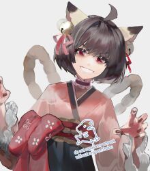 1girl ahoge animal_ears bell bow brown_hair brown_nails cat_ears cat_girl choker claw_pose commentary_request grin hair_bell hair_ornament hair_ribbon head_tilt highres ichihime japanese_clothes jingle_bell kimono lace-trimmed_choker lace_trim long_sleeves looking_at_viewer mahjong_soul obi pink_kimono red_bow red_choker red_eyes red_ribbon red_sash ribbon sash short_hair simple_background smile solo upper_body wakamesame white_background wide_sleeves