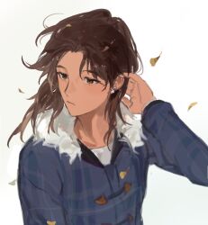 1girl :/ blue_coat brown_eyes brown_hair coat earrings falling_leaves fur_collar hair_flowing_over hand_on_own_neck jewelry leaf medium_hair our_life:_now_and_forever ponytail qiu_lin_(our_life) shirt solo stud_earrings upper_body white_background white_shirt wind winter_clothes winter_coat xrsjbz