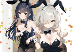 &gt;:) 2girls animal_ear_hairband animal_ears armpits black_bow black_bowtie black_eyes black_hair black_pantyhose bow bowtie breasts brown_background cleavage clenched_hands closed_mouth confetti covered_navel detached_collar fake_animal_ears green_eyes grey_hair hair_over_one_eye hairband hand_on_own_chest hands_up highres leaning_forward leotard long_hair long_sidelocks medium_breasts medium_hair multiple_girls novel_illustration official_art pantyhose playboy_bunny rabbit_ear_hairband rabbit_ears shy sidelocks simple_background siokazunoko small_breasts strapless strapless_leotard tennouzu_futaba tennouzu_ichiya tensai_bishoujo_san_shimai_wa_isourou_ni_dake_choro_kawaii third-party_source two-tone_background v-shaped_eyebrows white_background wrist_cuffs