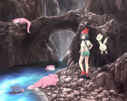 1girl bag beanie black_hair blue_eyes commentary_request floral_print gen_1_pokemon gen_2_pokemon green_shorts hat mk_(mikka) nintendo on_rock outdoors pokemon pokemon_(creature) pokemon_sm print_shirt red_headwear rock selene_(pokemon) shellder shirt shoes short_hair short_sleeves shorts slowpoke standing tied_shirt togetic water