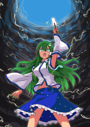 1girl absurdres armpits bare_shoulders blue_skirt breasts collared_shirt detached_sleeves frilled_skirt frills frog_hair_ornament gohei green_eyes green_hair hair_ornament hair_tubes highres holding holding_gohei kochiya_sanae kou_syu_27 large_breasts long_hair long_sleeves looking_up open_mouth patterned_clothing print_skirt shirt single_hair_tube single_sidelock skirt skirt_set sky sleeve_ribbon sleeveless sleeveless_shirt snake_hair_ornament solo spell_card storm touhou v-shaped_eyebrows wide_sleeves wing_collar