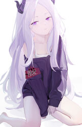 Rule 34 | 1girl, absurdres, alternate costume, barefoot, black horns, blue archive, blue sweater, breasts, closed mouth, commentary request, expressionless, highres, hina (blue archive), horns, long hair, long sleeves, looking at viewer, off shoulder, parted bangs, purple eyes, shirt, simple background, sitting, sleeves past wrists, small breasts, sokiu (dongxiasokiu), solo, sweater, white background, white hair, white shirt, yokozuwari