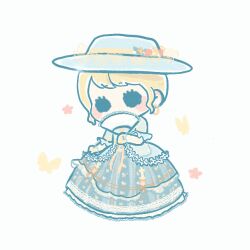 1girl :o animated animated_gif blonde_hair blue_bow blue_dress blue_eyes blue_hat blunt_bangs blush_stickers bow bug butterfly chibi dress expressionless eyelashes fanning_self floral_print flower frilled_dress frilled_gloves frilled_headwear frilled_sleeves frills garden_afternoon_(shining_nikki) gloves gown hat hat_flower insect lace lace-trimmed_dress lace_trim long_dress looping_animation nikki_(series) parted_lips pink_flower reminiscence_of_flower_(shining_nikki) ribbon-trimmed_dress ribbon_trim shining_nikki short_hair short_sleeves simple_background solid_circle_eyes solo sun_hat updo white_background white_flower wrist_bow xiaoyu_qixing yellow_butterfly yellow_flower yellow_gloves