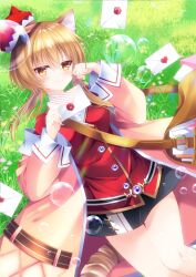 1girl animal_ears brown_eyes brown_hair bubble cat_ears cat_girl cat_tail commission hat highres iris_mysteria! laura_kelyrie letter looking_at_viewer lying meadow miniskirt shizuki_ayame skeb_commission skirt tail thighs