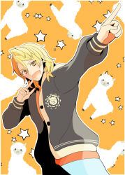 1boy alpaca amber_(fire_emblem) black_jacket blonde_hair fire_emblem fire_emblem_engage jacket male_focus nintendo open_mouth ouzisamafe pointing solo yellow_eyes