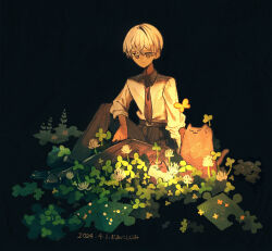 Rule 34 | 1boy, belt, belt buckle, black background, black belt, black pants, black shoes, brown necktie, buckle, cat, clover, collared shirt, commentary request, crossed bangs, dark-skinned male, dark skin, dated, dress shirt, elbow rest, four-leaf clover, grass, hair between eyes, highres, jimini shijimi, knee up, light smile, long bangs, long sleeves, necktie, original, pants, puzzle piece, shirt, shoes, short hair, simple background, sitting, sleeves rolled up, solo, white-haired man (jimini shijimi), white hair, white shirt