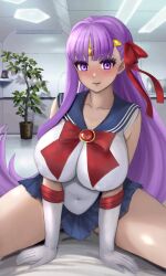 1girl absurdres bb_(fate) bishoujo_senshi_sailor_moon blue_sailor_collar blue_skirt blush bow bowtie breasts brooch circlet elbow_gloves fate/grand_order fate_(series) gloves hair_ribbon highres jewelry large_breasts long_hair looking_at_viewer miniskirt purple_eyes purple_hair raskasar red_ribbon ribbon sailor_collar sailor_senshi_uniform shirt sitting skirt smile solo very_long_hair white_gloves white_shirt