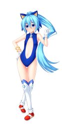 1girl animal_ears blue_eyes blue_hair bracelet breasts clothing_cutout commentary cosplay fake_animal_ears gloves hair_between_eyes hand_on_own_hip hand_up high_ponytail highres index_finger_raised jewelry long_hair mixed-language_commentary navel neptune_(series) over-kneehighs ponytail red_shoes sega_hatsumi shoes simple_background small_breasts smirk solo sonic_the_hedgehog sonic_the_hedgehog_(cosplay) sonicphu stomach_cutout thighhighs very_long_hair white_background white_gloves