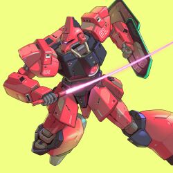 arm_shield bmwsb0 cable commentary earth_federation_space_forces energy_sword galbaldy_beta gundam highres holding holding_sword holding_weapon mecha mecha_focus missile_pod mobile_suit no_humans one-eyed purple_eyes robot science_fiction shield simple_background solo sword weapon yellow_background zeta_gundam