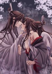 Rule 34 | 3boys, after kiss, ahoge, bare shoulders, bishounen, biting, black hair, black hanfu, blurry, blurry background, blush, boy sandwich, brown hair, chinese clothes, coat, coat partially removed, dual persona, eye contact, flower, from side, grey coat, group sex, hair down, half updo, hand on another&#039;s neck, hanfu, headband, highres, hug, hug from behind, lan wangji, long hair, long sleeves, looking at another, male focus, mmm threesome, modao zushi, multiple boys, neck biting, nipples, off shoulder, official alternate costume, official alternate hairstyle, open clothes, open coat, open mouth, open robe, pectorals, profile, purple eyes, robe, robe partially removed, saliva, saliva trail, sandwiched, semiusa1010, sex, sex from behind, sidelocks, sleeves past wrists, sweat, threesome, tongue, topknot, tree, watermark, wei wuxian, wei wuxian (yiling laozu), white flower, white hanfu, white headband, wide sleeves, xiao guan (headdress), yaoi, yellow eyes