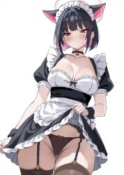 1girl alternate_costume animal_ears apron black_choker black_dress black_garter_straps black_hair black_panties black_thighhighs black_wrist_cuffs blue_archive blush border bow bow_panties breasts breasts_apart cat_ears choker closed_mouth clothes_lift collarbone colored_inner_hair dress enmaided frilled_apron frilled_hairband frills garter_straps gluteal_fold grey_border hairband halo highres kazusa_(blue_archive) large_breasts maid marisasu_(marisa0904) medium_hair multicolored_hair panties pink_hair pink_halo puffy_short_sleeves puffy_sleeves red_eyes short_sleeves skirt skirt_lift solo thighhighs underwear waist_apron white_apron white_hairband wrist_cuffs