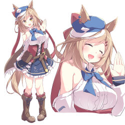 1girl :d ^_^ absurdres animal_ears armpit_crease bare_shoulders blue_bow blue_bowtie blue_hat blue_skirt boots bow bowtie breasts brown_boots brown_hair closed_eyes clothing_cutout commentary corset cropped_torso cross-laced_clothes cross-laced_corset ears_through_headwear frilled_skirt frilled_socks frills full_body hair_ornament hairclip hat highres horse_ears horse_girl horse_tail kanzakietc knee_boots kneehighs large_breasts long_hair looking_at_viewer matikane_tannhauser_(umamusume) miniskirt multicolored_hair multiple_views newsboy_cap open_mouth parallel_hairclips red_corset red_socks shirt shoulder_cutout skirt smile socks standing streaked_hair tail umamusume underbust white_hair white_shirt yellow_eyes