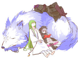 Rule 34 | 1boy, 1girl, 1other, androgynous, barefoot, black boots, black coat, black gloves, black hat, book, boots, closed eyes, coat, commentary request, dress, enkidu (fate), fate/grand order, fate (series), frilled dress, frills, gloves, green hair, grey hair, hat, headless, hessian (fate), himeko (nico6v6pachi), holding, holding book, lobo (fate), nursery rhyme (fate), pants, purple boots, purple eyes, purple gloves, reading, robe, sleeping, white pants, white robe, wolf