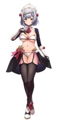 1girl absurdres alternate_costume armor ascot bikini bikini_armor black_garter_straps black_thighhighs blush breasts breasts_apart closed_mouth commentary_request flower full_body garter_straps genshin_impact green_eyes grey_hair hand_on_own_chest highres looking_at_viewer maid maid_headdress mattsi_hbkk medium_breasts navel noelle_(genshin_impact) red_ascot red_flower simple_background smile solo standing stomach swimsuit thighhighs white_background