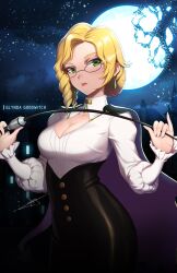 1girl black_corset blonde_hair breasts broken_moon character_name cleavage closed_mouth commentary corset earrings english_commentary eyelashes glynda_goodwitch green_eyes highres holding jewelry moon night night_sky official_art rwby shirt short_hair signature sky solo star_(sky) upper_body uyalago white_shirt