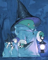 1other 2girls bad_id bad_tumblr_id cloak colored_skin final_fantasy final_fantasy_xiv green_skin hat hood hooded_cloak knife lalafell lantern multiple_girls n122425 night open_mouth pointy_ears standing tonberry warrior_of_light_(ff14) witch_hat