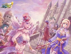2013 2boys 4girls animal_ears arch_bishop_(ragnarok_online) argyle_clothes argyle_shirt armor armored_boots back_bow bangle bikini blonde_hair blue_dress blue_sky blush book boots bow bracelet bracer breasts cape cat_boy cat_ears church cleavage cleavage_cutout closed_mouth clothing_cutout cloud commentary_request cowboy_shot cross detached_sleeves dillsien dress feather_trim feathered_wings fur_collar genetic_(ragnarok_online) green_hair hair_ribbon hairband hat holding holding_book holding_staff holding_sword holding_weapon jewelry juliet_sleeves large_bow long_hair long_sleeves looking_at_viewer medium_breasts multiple_boys multiple_girls open_mouth outdoors pauldrons pink_hair pink_sky pointy_ears puffy_sleeves purple_eyes ragnarok_online red_bow red_cape red_hairband red_hat red_ribbon ribbon rune_knight_(ragnarok_online) sash shirt short_hair shoulder_armor sitting sitting_on_stairs sky smile sorcerer_(ragnarok_online) spiked_pauldrons staff stairs standing sunrise swimsuit sword thighhighs top_hat two-tone_dress upper_body ventus_(ragnarok_online) wanderer_(ragnarok_online) weapon white_bikini white_dress white_shirt white_sleeves white_thighhighs white_wings wings yellow_eyes yellow_sash