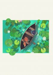 Rule 34 | 2boys, 5zimlsc, absurdres, aged down, animal, animal ears, black hair, boat, bow, cat boy, cat ears, cat tail, commentary request, felix hugo fraldarius, fire emblem, fire emblem: three houses, fish, flower, fox boy, fox ears, fox tail, from above, hair bow, highres, holding, holding oar, lily (flower), lily pad, male focus, multiple boys, nintendo, oar, pink flower, red bow, red hair, reflection, reflective water, rowboat, sylvain jose gautier, tail, water, white flower