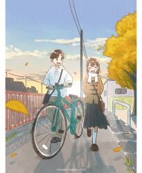 1boy 1girl 2025 :d arms_behind_back backlighting bag bicycle black_hair black_shoes black_skirt blue_sky brown_hair brown_jacket brown_shoes building closed_eyes cloud copyright_logo gradient_sky grey_pants highres hood hoodie jacket maekawa_wakaba medium_skirt open_mouth orange_sky original outdoors pants pillarboxed power_lines railing scarf shoes shoulder_bag skirt sky smile sunset toggles tree twitter_username walking white_hoodie white_scarf
