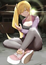 Rule 34 | 1girl, absurdres, black pantyhose, black skirt, blonde hair, blush, breasts, cleavage, donut, food, highres, jacket, long hair, long sleeves, looking at viewer, medium breasts, monogatari (series), oshino shinobu, oshino yeye, pantyhose, pink shoes, pointy ears, purple jacket, shoes, side ponytail, sitting, skirt, smile, solo, vampire, yellow eyes