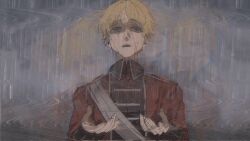1boy axis_powers_hetalia black_shirt blonde_hair chinese_commentary collared_shirt commentary_request fingernails grey_trim hands_up highres jacket male_focus military_uniform open_mouth parted_hair rain red_jacket ripples shirt standing teeth thick_eyebrows united_kingdom_(hetalia) upper_body upper_teeth_only wet wet_hair wide-eyed wing_collar zhaogu0527