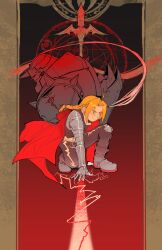 Rule 34 | 2boys, ahoge, alphonse elric, armor, black pants, black shirt, braid, brothers, coat, edward elric, frown, full armor, full body, fullmetal alchemist, furrowed brow, highres, knee pads, long hair, male focus, mechanical arms, multiple boys, on one knee, pants, parted bangs, red coat, shirt, shoulder spikes, siblings, single braid, single mechanical arm, spikes, wantamushroom