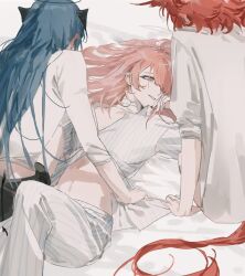 3girls absurdres arknights bandaged_neck bandages bed_sheet bird_girl bird_tail black_halo black_horns black_shorts black_tail blue_hair blue_stripes blush commentary demon_horns demon_tail ear_blush facing_away fallen_angel fiammetta_(arknights) flat_chest g_xio111 girl_sandwich grin halo highres horns hospital_gown knee_up lemuen_(arknights) long_bangs long_hair looking_at_another lying midriff_peek mostima_(arknights) multiple_girls on_back on_bed pants partially_unbuttoned pink_hair pink_halo red_hair red_tail sandwiched shirt short_hair short_shorts shorts sitting sleeves_pushed_up smile stomach striped_clothes striped_pants striped_shirt symbol-only_commentary tail three-quarter_sleeves vertical-striped_clothes vertical-striped_pants vertical-striped_shirt white_pants white_shirt yuri