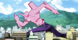 blue_eyes blush building cloud cloudy_sky crossover day eva_01 from_side itslocko kirby kirby_(series) kirby_and_the_forgotten_land mecha meme mountain mouthful_mode neon_genesis_evangelion nintendo no_humans parody robot running sky solo volcano vore