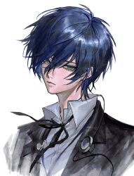 1boy black_jacket black_ribbon blue_hair bonley closed_mouth collared_shirt commentary eyelashes gekkoukan_high_school_uniform grey_eyes hair_behind_ear hair_between_eyes hashtag-only_commentary headphones headphones_around_neck highres jacket lapels male_focus neck_ribbon notched_lapels open_collar persona persona_3 ribbon school_uniform shirt short_hair simple_background solo upper_body white_background white_shirt wing_collar yuuki_makoto_(persona_3)